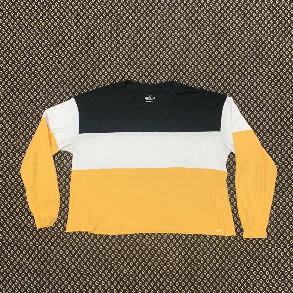 HOLLISTER Boyfriend Tee, Gold, White & Black Striped Cropped Long Sleeve, Size S
